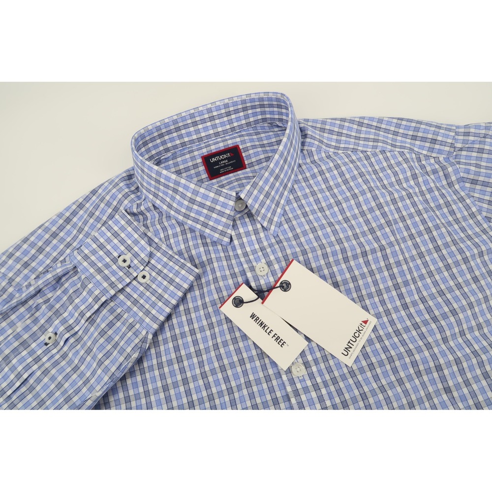 UNTUCKit Durif Button Down Shirt Mens Large Blue Plaid Wrinkle Free Relaxed NEW